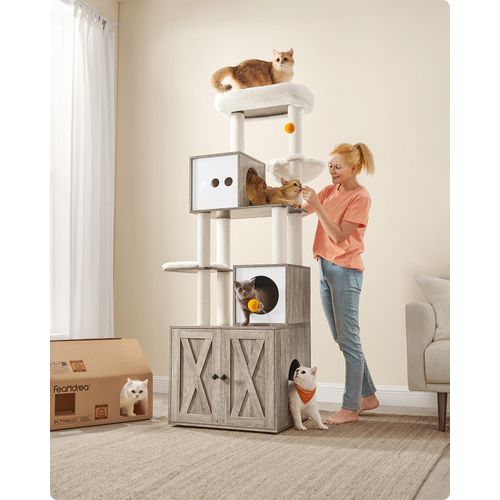 Feandrea Kratzbaum, mit Katzenklo-Schrank, 185cm, Kratzsäule, waschbares Kissen, Greige