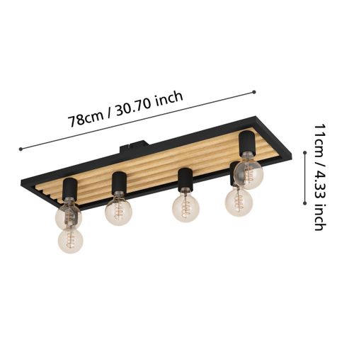 EGLO Deckenlampe Consett, Deckenleuchte, Nature, Vintage, Industrial, FSCM70HB, Wohnzimmerlampe aus schwarzem Stahl und Holz, E27 Fassung