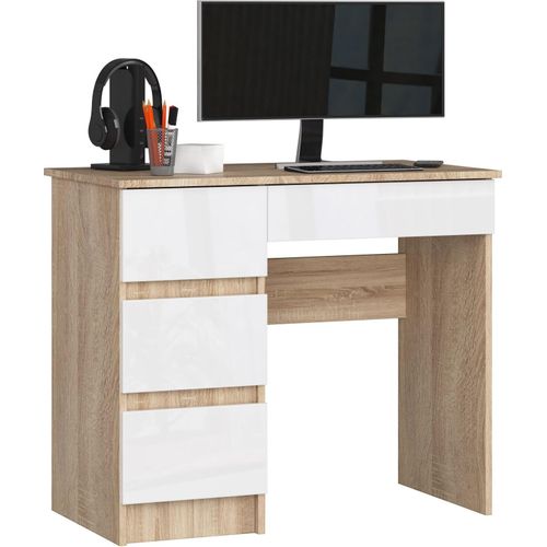 Schreibtisch AKORD A7 Sonoma-Eiche 4 Schubladen, Weiß Glanz B90 x H77 x T50 cm