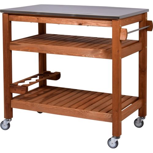 Rollbarer Beistellwagen Grilltisch mit Ablage und Edelstahlplatte für draußen, 94 x 58 x 90 cm, Kiefer