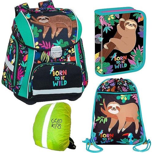 Schulranzen-set Born to be wild Ranzen Schulranzen Kinderrucksack, Federmappe, Schuhbeutel, Regenschutz Motivdruck Faultier 4-teilig