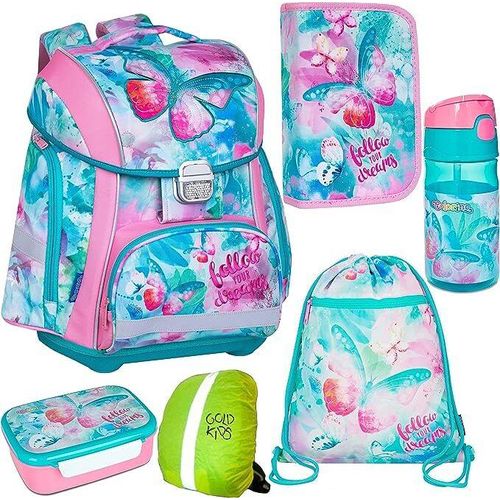 Schulranzen-set Schmetterling Butterfly Dreams Schulranzen Kinderrucksack, Federmappe, Schuhbeutel, Trinkflasche, Brotdose, Regenschutz Motivdruck Unicorn Einhorn Style 6-teilig