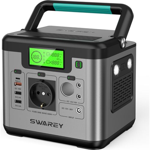 SWAREY S500 Pro Solar Stromerzeuger, 518Wh Tragbare Powerstation mit ein Auto Ladekabel, Batterie Backup für Outdoor Camping,Typc/DC/USB/230V AC Steckdose 1000W Surge
