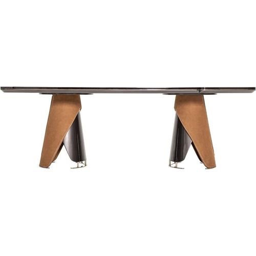 Casa Padrino Luxus Esstisch Dunkelbraun / Grau / Hellbraun / Gold 240 x 113 x H. 79,5 cm - Massivholz Esszimmertisch mit Tischplatte in Marmoroptik - Esszimmer Möbel - Luxus Möbel