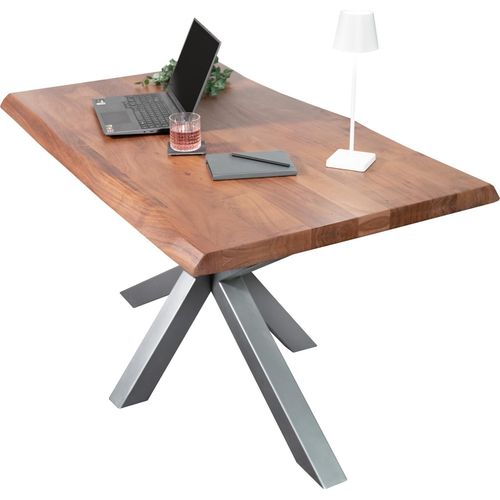 Esstisch Baumkante massiv Akazie Nussbaum 160 x 85 Spider-Gestell silber CALI