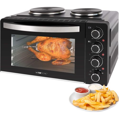 Clatronic Mini-Backofen / Kleinküche mit Kochplatten und Drehspieß - gleichzeitig kochen u. backen - Minibackofen 28L, 3100 W inkl. Zubehör - KK 3786