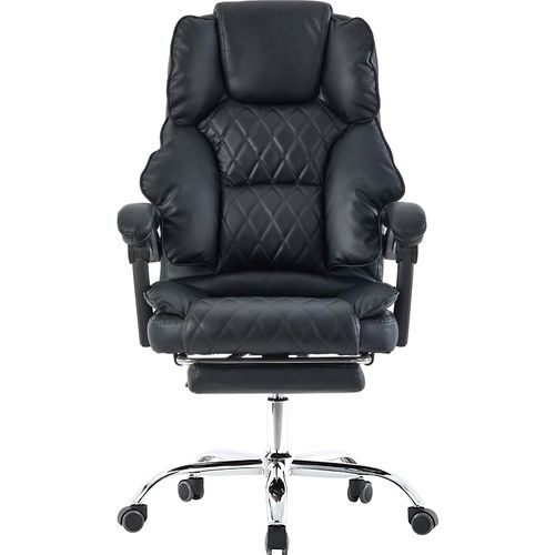 Bürostuhl mit Fußstütze und flexiblen 3-Punkt-Armlehnen - Schreibtischstuhl in Lederoptik mit Chrom-Base - ergonomischer Bürostuhl mit verstellbarer Rückenlehne ,Farbe:Schwarz