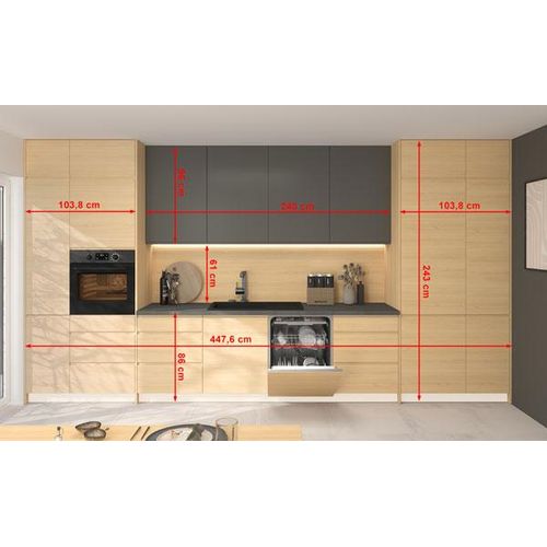 Küchenzeile AREZZO mit Arbeitsplatte 448cm HETTICH Vollauszug weiß Front Vicenca Eiche - graphit matt