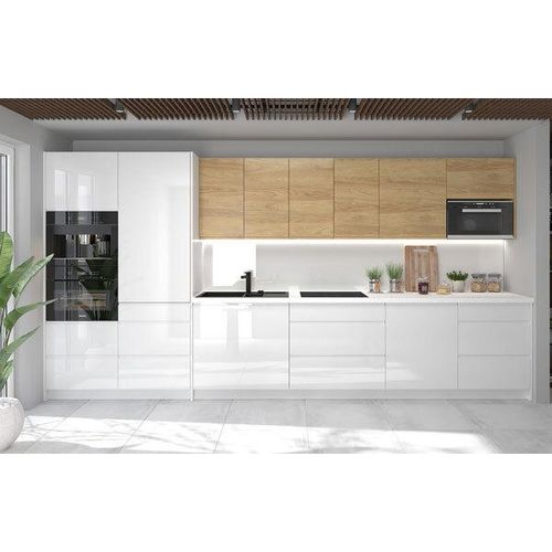 Küchenzeile CARINI mit Arbeitsplatte 406cm Teilauszug weiß Front Hickory Natur weiß Hochglanz