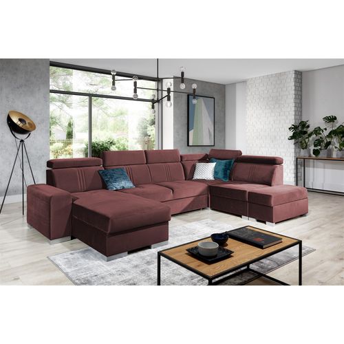 Wohnlandschaft Schlafsofa NOLAN inkl USB Stoff Monolith Purpurrot Ottomane Links