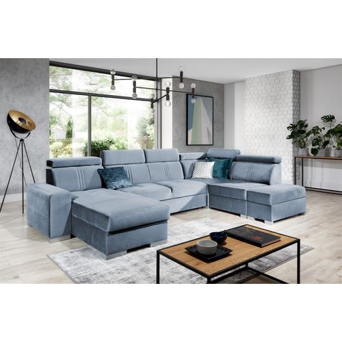 Wohnlandschaft Schlafsofa NOLAN inkl. USB Stoff Monolith Hellblau Ottomane Links