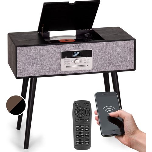 Auna Plattenspieler für Schallplatten, Plattenspieler mit Lautsprecher, MP3 , CD-Player & USB, Schallplattenspieler mit Bluetooth & Fernbedienung, DAB+/FM Radio, Moderner Plattenspieler mit Beinen