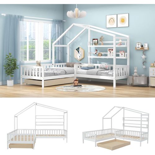 Kinderbett Hausbett mit Schubladen und Regalen, Doppelbett Massivholz mit Rausfallschutz und Lattenrost, L-Struktur, Weiß (90x200 cm+140x70cm)