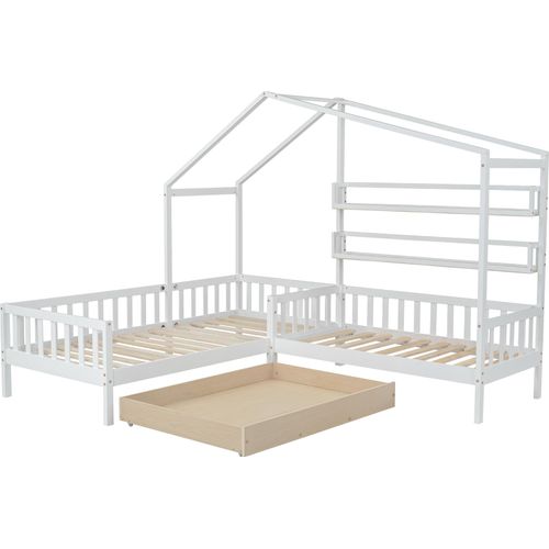 Kinderbett 90x200cm + 140x70cm Hausbett mit Schubladen und Regalen Massivholz mit Zaun und Lattenrost L-Struktur