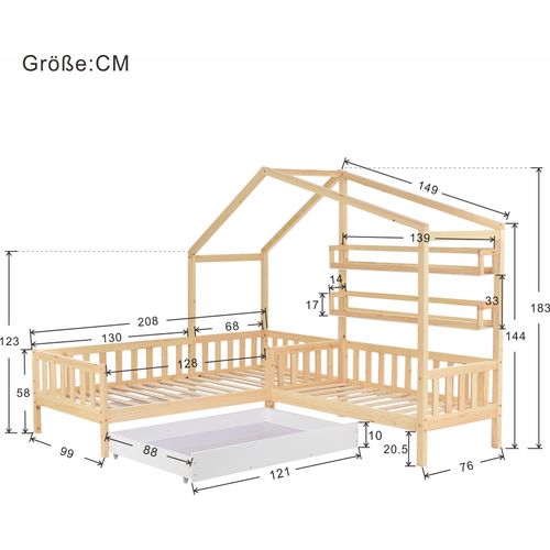 Kinderbett 90x200cm + 140x70cm Hausbett mit Schubladen und Regalen Massivholz mit Zaun und Lattenrost L-Struktur