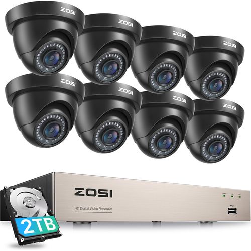 ZOSI 8CH 2MP 1080P Dome Überwachungskamera Set mit 2TB Festplatte und 8-Kanal HD 1080P DVR Video Überwachungssystem für Haus, 20M IR Nachtsicht