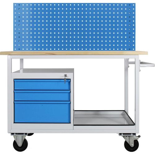 Mobile Werkbank Light Rhino mit Ablagefach + 3 Schubladen + Lochplatte | HxBxT 131x130x60cm | 2 Lenkrollen (mit Bremse) und 2 Bockrollen | Traglast 300kg | Lichtgrau/Lichtblau
