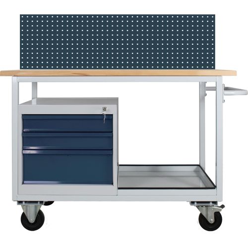 Mobile Werkbank Light Rhino mit Ablagefach + 3 Schubladen + Lochplatte | HxBxT 131x130x60cm | 2 Lenkrollen (mit Bremse) und 2 Bockrollen | Traglast 300kg | Lichtgrau/Lichtblau