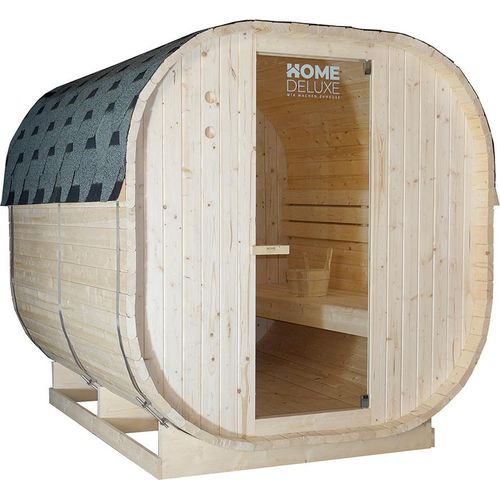 HOME DELUXE - Outdoor Sauna CUBE XL - Maße: ca. 185 cm x 195 cm x 220 cm, Holz: Fichtenholz - inkl. Saunaofen und Saunazubehör I Gartensauna, Außensauna, Sauna Fass für 6 Personen