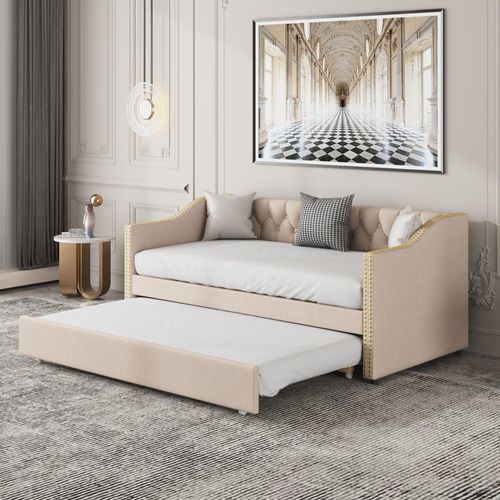 Beige 90x200cm Polsterbett Kinderbett Ausziehbares Schlafsofa Strapazierfähiger Leinenstoff Jugendbett Kinderbett Gästebett