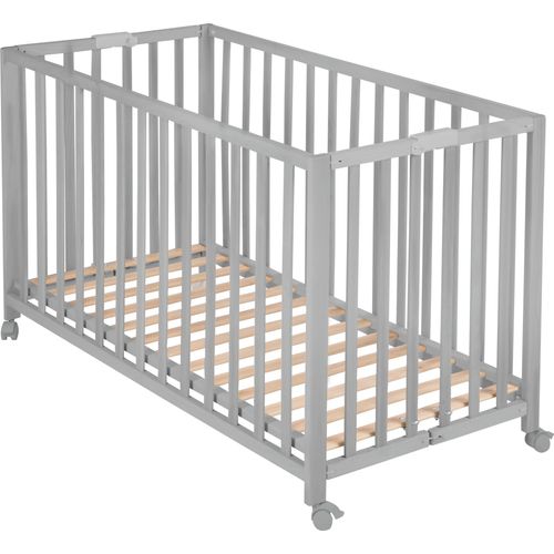 roba Klappbett Fold Up 60 x 120 - Klappbares Babybett aus Holz - 2-fach höhenverstellbar - Platzsparendes Gitterbett auf Rollen - Taupe
