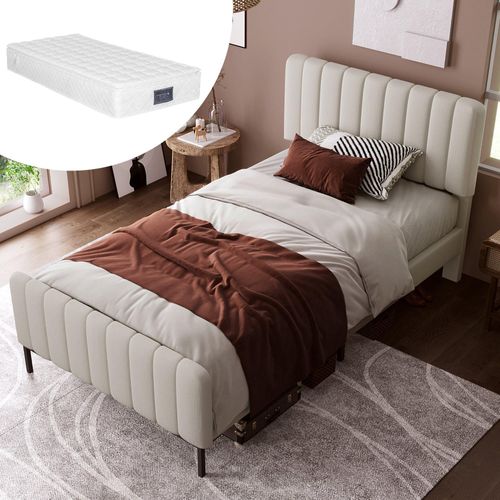 Beige 90x200cm Polsterbett (Mit Matratze) Bettgestell mit Lattenrost und Verstellbares Kopfteil Gepolstertes bett Leinenmaterial Jugendbett