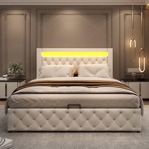 Weiß 140x200cm Polsterbett Polyurethan(Ohne Matratze) Doppelbett Funktionsbett mit Lattenrost und Stauraum, mit LED-Beleuchtung Stauraumbett Jugendbett