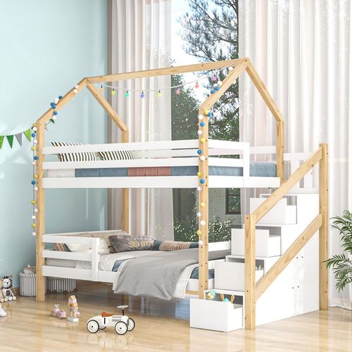 Weiß 90x200cm Kinderbett in Hausform (Ohne Matratze) Ins und aus dem Bett kommen Doppelbett Leiterschrank,Kiefernholz Haus Bett for Kids