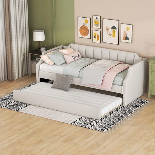 Weiß 90x200 Polsterbett (Ohne Matratze) Kinderbett Schlafsofa mit zwei herausnehmbaren Schubladen strapazierfähiger Leinenstoff Tagesbett
