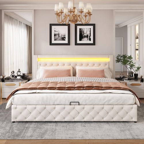 Weiß 180 x 200cm Polsterbett Polyurethan(Ohne Matratze) Doppelbett Funktionsbett mit Lattenrost und Stauraum, mit LED-Beleuchtung Stauraumbett Jugendbett