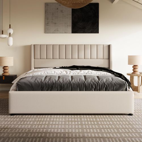 Beige Leinen Stauraumbett Polsterbett Hydraulisch Doppelbett 140x200cm, Lattenrost aus Holz, Bett mit Lattenrost aus Metallrahmen