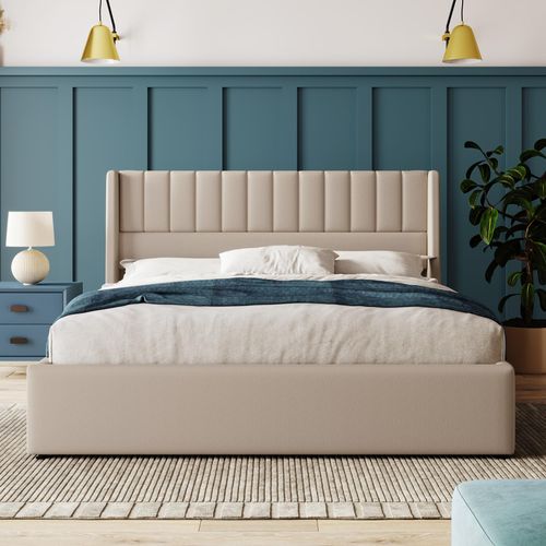 Beige Leinen Stauraumbett Polsterbett Hydraulisch Doppelbett 180x200cm, Lattenrost aus Holz, Bett mit Lattenrost aus Metallrahmen