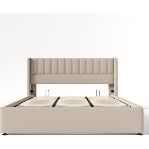Beige Leinen 180x200cm Stauraumbett Polsterbett Hydraulisch Doppelbett, Lattenrost aus Holz, Bett mit Lattenrost aus Metallrahmen