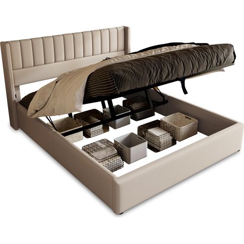 Beige Leinen 140x200cm Stauraumbett Polsterbett Hydraulisch Doppelbett, Lattenrost aus Holz, Bett mit Lattenrost aus Metallrahmen