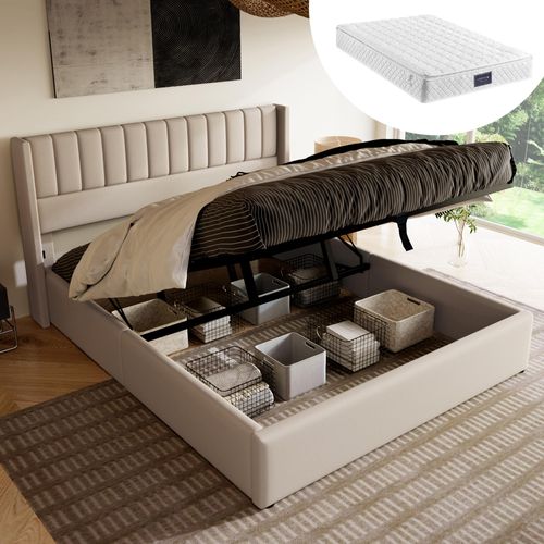 Sweiko Polsterbett, hydraulisches Doppelbett, Massivholzbett mit Kopfteil und Lattenrost, Stauraumbett, Bettwäsche, Beige, 160x200 cm (ohne Matratze)
