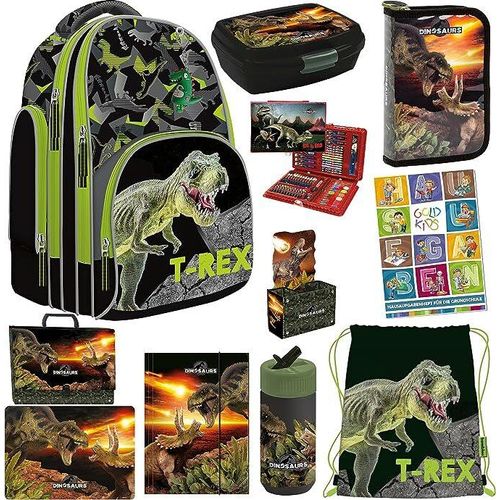 Goldkids Schulranzen Set T-Rex Dinosaurier 11er XXL Set Schulranzen Ranzen Tornister Federmappe Turnbeutel Trinkflasche Brotdose Aufgabenheft