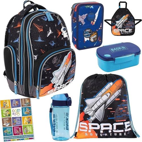 Goldkids Space Weltraum 7er Set Schulranzen Ranzen Tornister Federmappe Turnbeutel Schürze Trinkflasche Brotdose Aufgabenheft für die Grundschule ab der erste Klasse