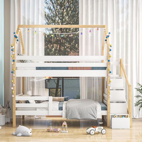 Kinderbett Weiß 90x200cm in Hausform (Ohne Matratze) Ins und aus dem Bett kommen Doppelbett Leiterschrank,Kiefernholz Haus Bett for Kids