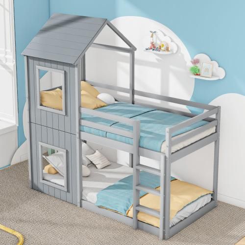 Kinderbett 90x200cm Grau (Ohne Matratze) mit Leiter und Geländer Kiefer Massivholz Etagenbett mit Fallschutz