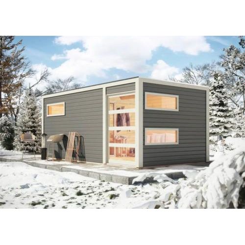Saunahaus Karibu Zirkon 2 ohne Ofen mit Vorraum und Holztüre mit Klarglas terragrau/weiß
