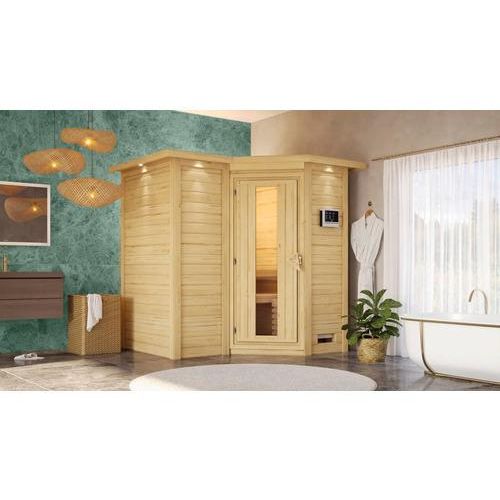 Elementsauna Karibu Melanit 1 ohne Ofen mit Dachkranz und Holztüre mit Isolierglas wärmegedämmt