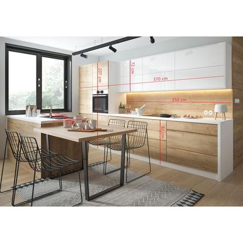 Küchenzeile AREZZO Einbauküche 370cm Teilauszug weiß Front Halifax Eiche - weiß Hochglanz