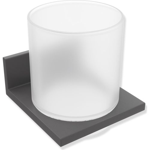 HEWI Glasbecher mit Halter, Metall, pulverbeschichtet, Becher aus Kristallglas, satiniert, in HEWI Farbe SC (Dunkelgrau Perlglimmer tiefmatt)