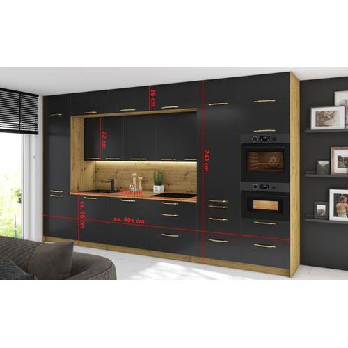 Küchenzeile Bonn Einbauküche 404cm HETTICH Vollauszug eiche artisan Front schwarz matt