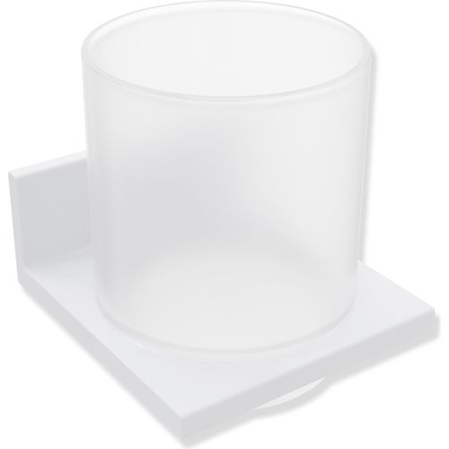 HEWI Glasbecher mit Halter, Metall, pulverbeschichtet, Becher aus Kristallglas, satiniert, in HEWI Farbe DX (Weiß tiefmatt)