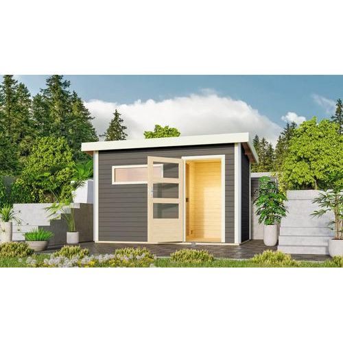 Saunahaus Karibu Topas 1 ohne Ofen mit Vorraum und Holztüre mit Isolierglas wärmegedämmt terragrau/weiß