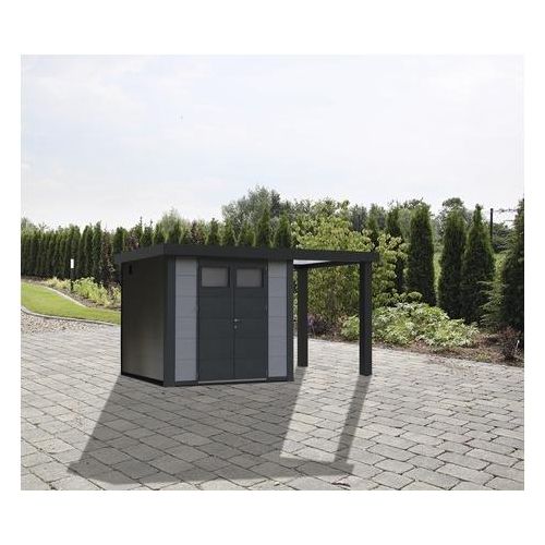 Gartenhaus Classico 2724 inkl. Regenrinne mit Seitendach rechts 456 x 259 cm lichtgrau