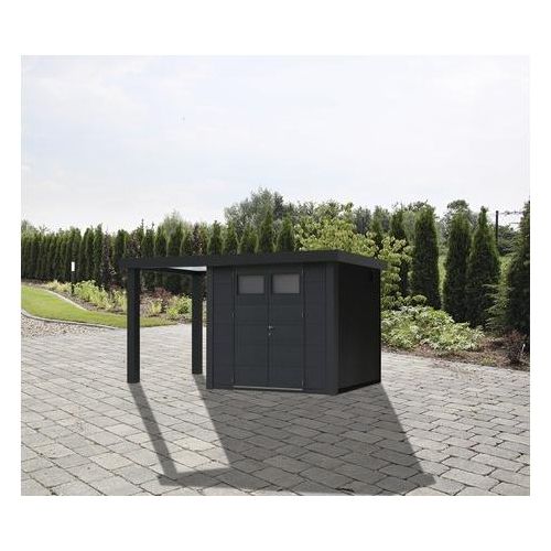 Gartenhaus Classico 2724 inkl. Regenrinne mit Seitendach links 456 x 259 cm granitgrau