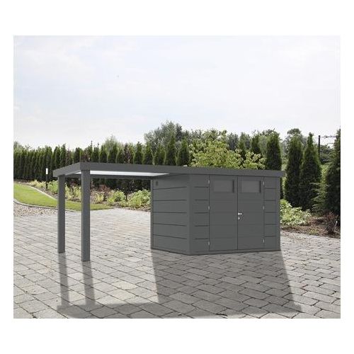 Gartenhaus Classico 2724 inkl. Regenrinne mit Seitendach links 572 x 259 cm granitgrau