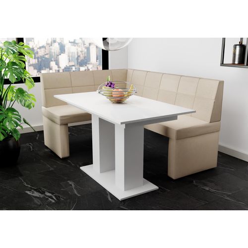 Eckbankgruppe 168x128 cm BLAKE R Stoff Soro Creme / Esstisch DANTE Weiß